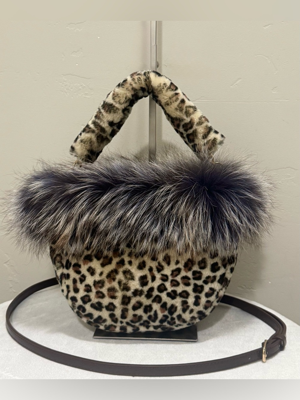 Handmade Leopard Print Shearling Leather Bag With Real Fox Fur Trim, 2 Straps